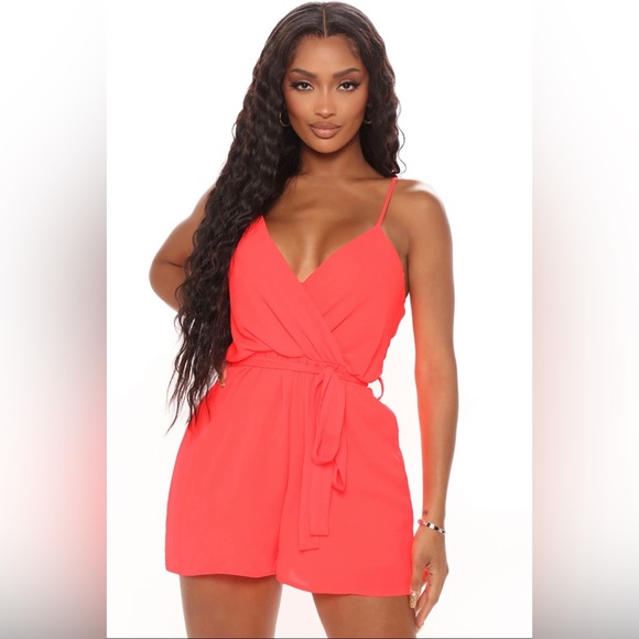 Fashion Nova Neon Coral Chiffon Romper NWT - Picture 2 of 13